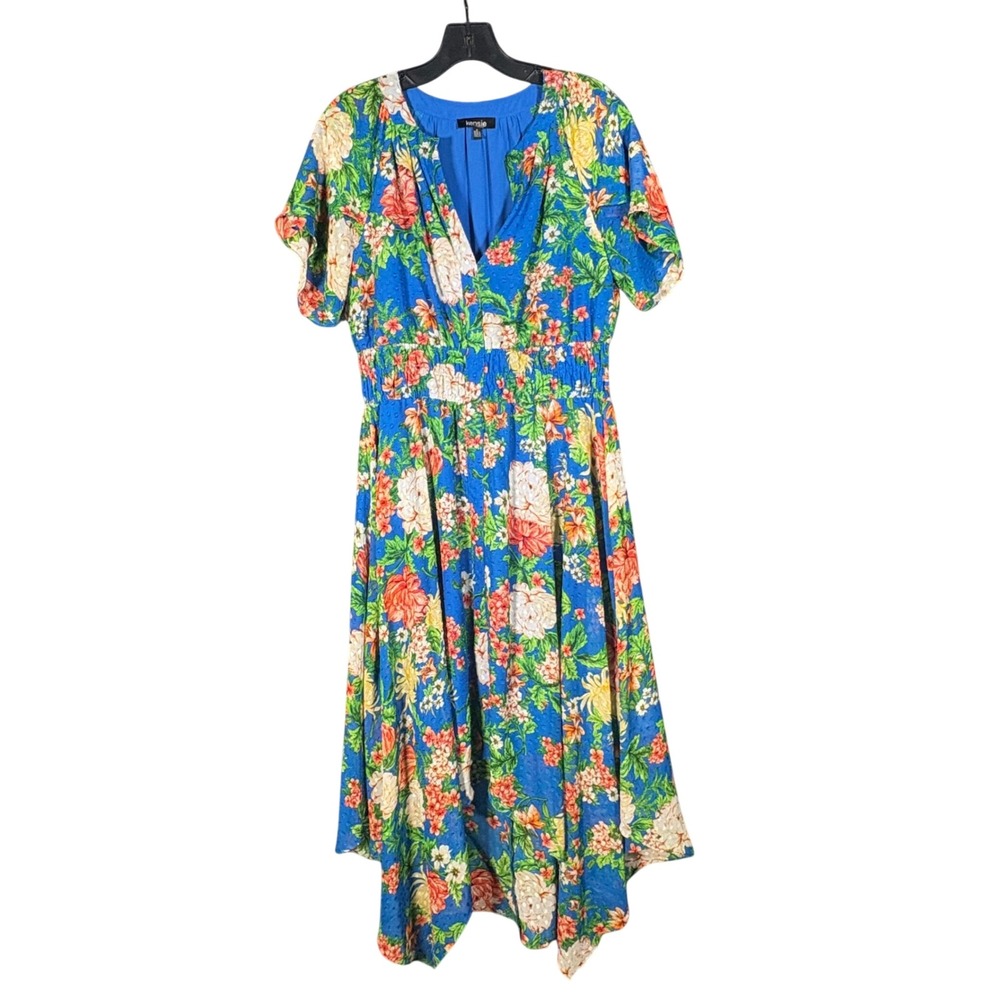 Kensie Blue Floral Swiss Dot Smocked Waist High Low Midi Dress Size 8